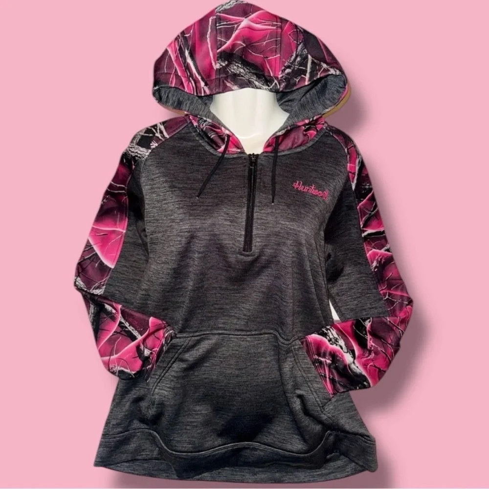 Huntworth Hoodie Pink Gray Camo Fleece Lined 1/2 Zip Pullover Women's XL - Picture 4 of 16